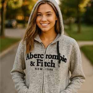 Abercrombie Woman’s Full Zip Hoodie M Sweatshirt Gray Logo Spellout New York